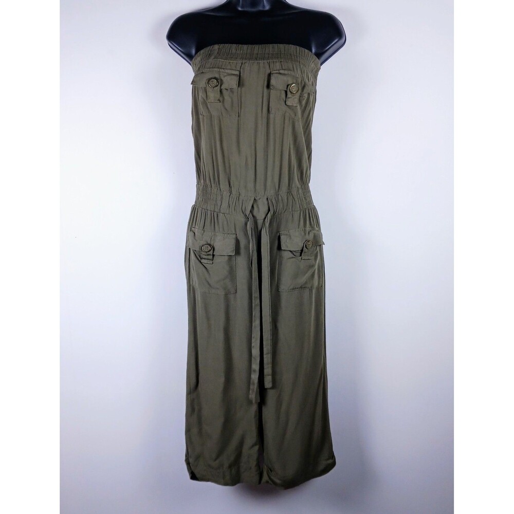 Chesley Strapless Jumpsuit Womens Small Olive Cropped Pockets Drawstring